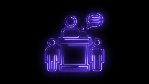 Speaker at podium delivering presentation in neon style audience listening Stock Footage 322962659
