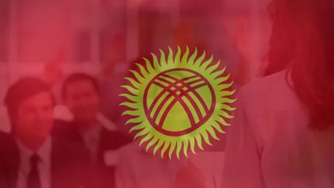 Speaker presenting while red tint overlaying audience and gold emblem pulsing Stock Footage 328583347