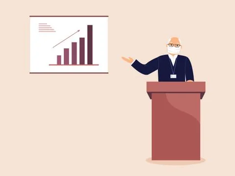 Speaker in protective face mask behind lectern make report Stock Illustration