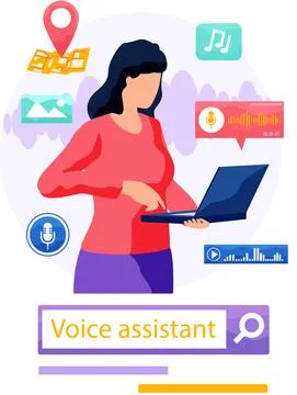 Speaker recognition, vote controlled smart speaker. Woman voice activated Stock Illustration