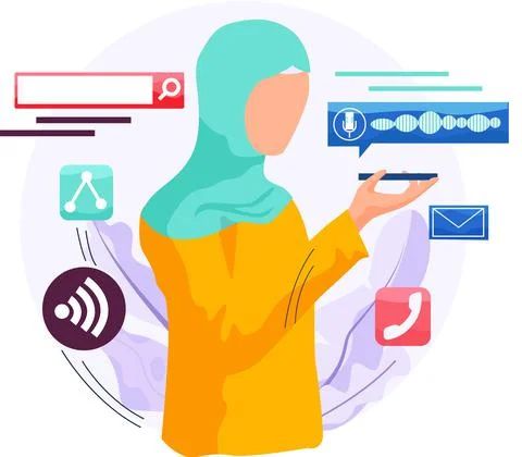 Speaker recognition, vote controlled smart speaker. Woman voice activated Stock Illustration