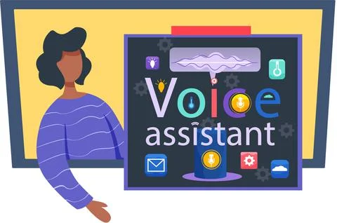 Speaker recognition, vote controlled smart speaker. Woman voice activated Stock Illustration