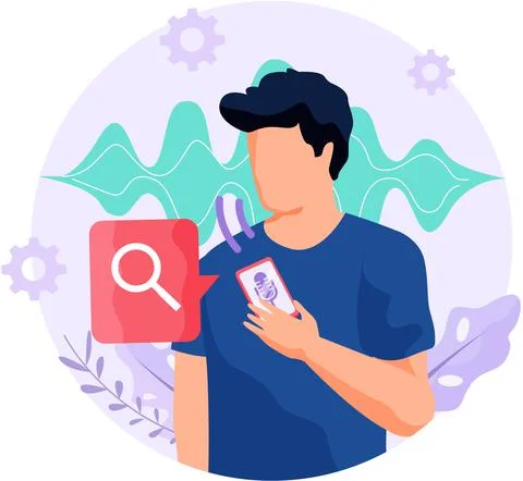 Speaker recognition, vote controlled smart speaker. Woman voice activated Stock Illustration