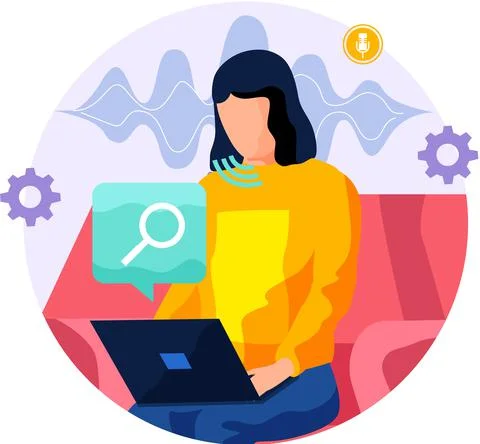 Speaker recognition, vote controlled smart speaker. Woman voice activated Illustrazione stock