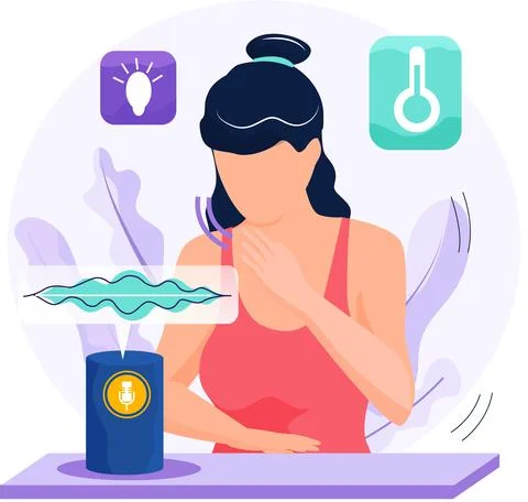 Speaker recognition, vote controlled smart speaker. Woman voice activated Illustrazione stock