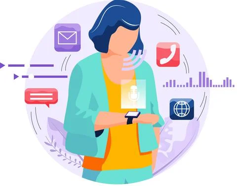 Speaker recognition, vote controlled smart speaker. Woman voice activated 스톡 일러스트