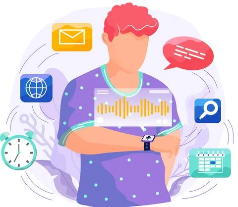 Speaker recognition, vote controlled smart speaker. Woman voice activated Stock-Illustration