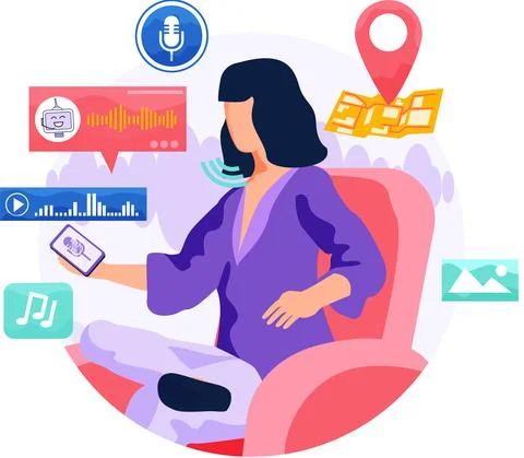 Speaker recognition, vote controlled smart speaker. Woman voice activated Stock Illustration