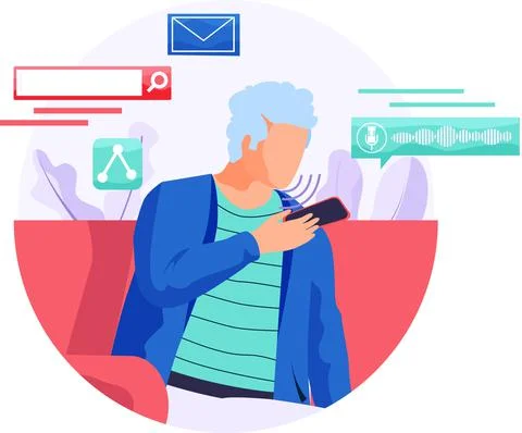 Speaker recognition, vote controlled smart speaker. Woman voice activated Illustrazione stock