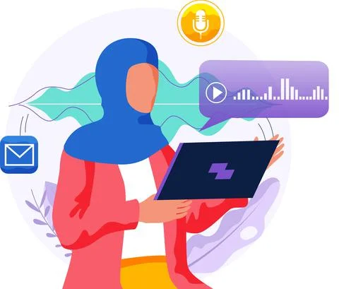 Speaker recognition, vote controlled smart speaker. Woman voice activated Stock Illustration