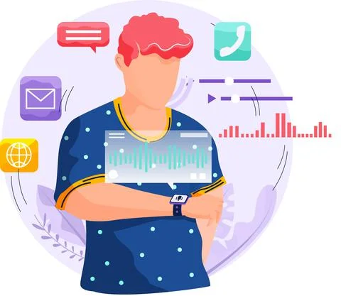 Speaker recognition, vote controlled smart speaker. Woman voice activated 스톡 일러스트