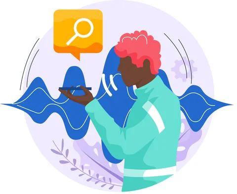 Speaker recognition, vote controlled smart speaker. Woman voice activated Stock-Illustration