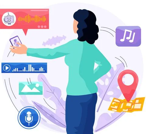 Speaker recognition, vote controlled smart speaker. Woman voice activated Ilustração Stock