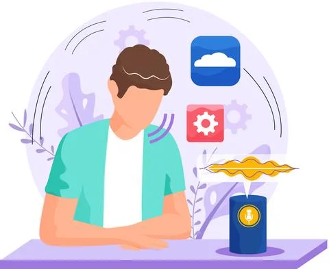 Speaker recognition, vote controlled smart speaker. Woman voice activated Stock Illustration