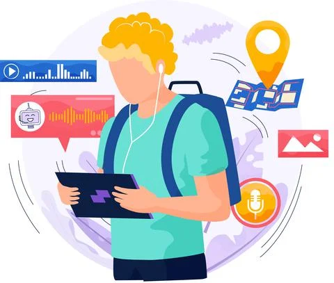 Speaker recognition, vote controlled smart speaker. Woman voice activated Stock Illustration