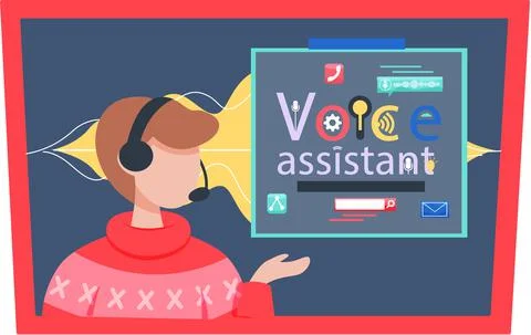 Speaker recognition, vote controlled smart speaker. Woman voice activated Illustrazione stock