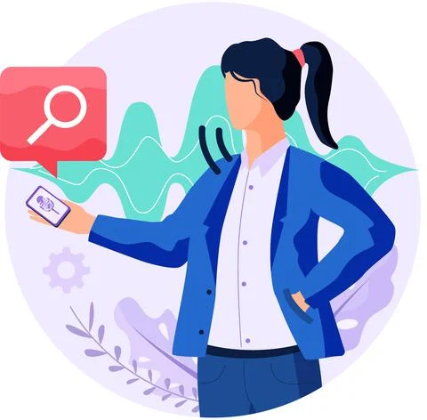 Speaker recognition, vote controlled smart speaker. Woman voice activated Stock Illustration