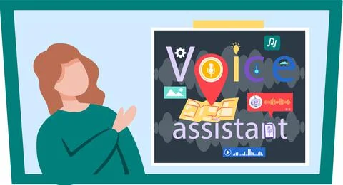 Speaker recognition, vote controlled smart speaker. Woman voice activated Stock Illustration