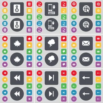 Speaker, Smartphone, Web cursor, Maple leaf, Lightning, Message, Rewind, Media s Illustrazione stock