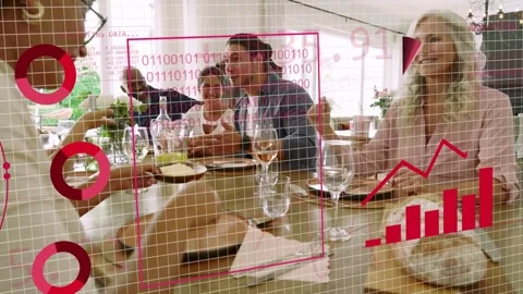 Speaker speaking around table, presenting business data as grid and rising Stock Footage 333893933