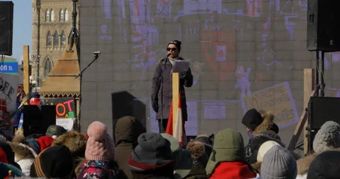 Speaker on stage at Trucker Protest Ottawa Parliament Stock Footage 170335202