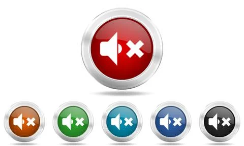 Speaker volume round glossy icon set, colored circle metallic design internet Stock Illustration