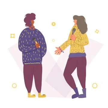 Speakers characters. Two pretty various women standing with microphone. Femal Ilustração Stock