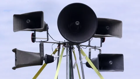 Speakers On A Tower Held By Green Straps Stock Footage 303901230