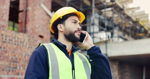 Speaking, architect and man with phone call for construction, track material Stock Footage 336780032