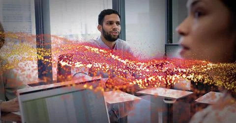 Speaking bearded man wearing button-up shirt leading meeting in office, with Stock Photos