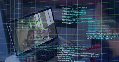 Speaking blazer-clad developer conducting meeting on laptop at desk, coffee mug, Stock Photos