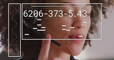 Speaking, call-center agent touching headset while HUD sliding in displaying Stock Footage 328417347