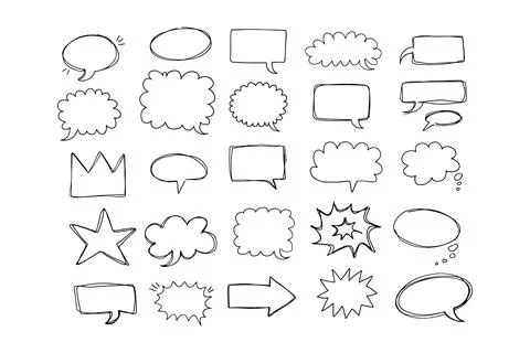 Speaking hand drawn doodle bubbles set. Talk clouds sketch frames. Speech Stock Illustration