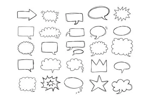 Speaking hand drawn doodle bubbles set. Talk clouds sketch frames. Speech イラスト素材