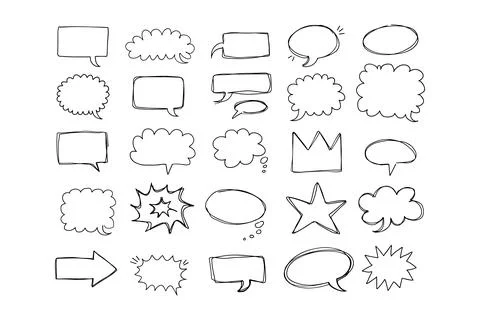 Speaking hand drawn doodle bubbles set. Talk clouds sketch frames. Speech Stock Illustration