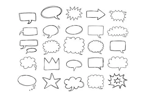 Speaking hand drawn doodle bubbles set. Talk clouds sketch frames. Speech Stock Illustration