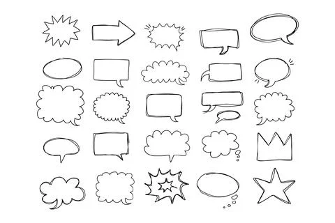 Speaking hand drawn doodle bubbles set. Talk clouds sketch frames. Speech Stock Illustration