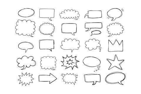 Speaking hand drawn doodle bubbles set. Talk clouds sketch frames. Speech Stock Illustration