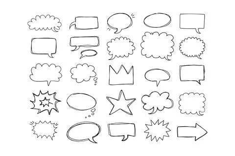Speaking hand drawn doodle bubbles set. Talk clouds sketch frames. Speech Stock Illustration