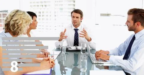 Speaking manager in white shirt, patterned tie leading meeting in office, glass 스톡 사진