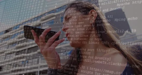 Speaking into smartphone, woman with programming code overlaying animation scene Stock Footage 305836732