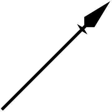 Spear icon, black flat graphic with sharp, angular head, long lengthy shaft. Stock Illustration
