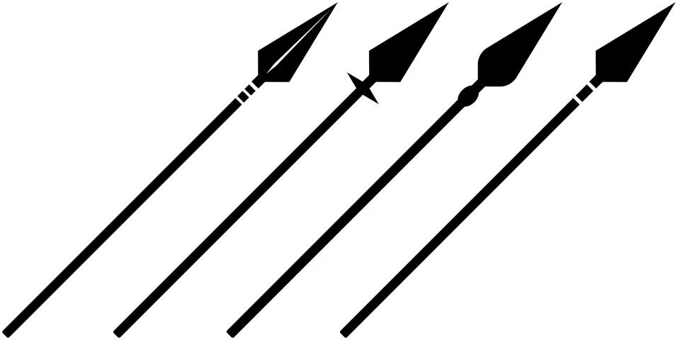 Spear icon set, black flat graphics with sharp, angular head, angled design. Stock Illustration