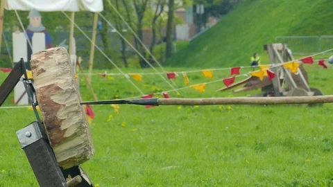 Spear, medieval weapon - training in throw to the disc. Slow motion Stock Footage 126063183
