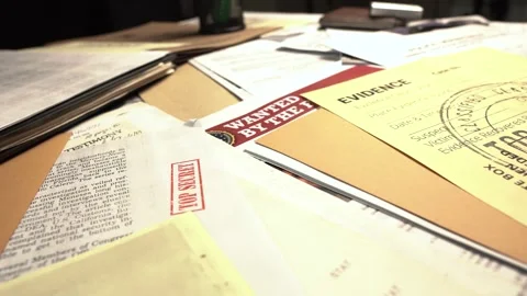 Special Agent Detective Desk Full of Document and Evidence Files, Criminal Stock Footage 328277185