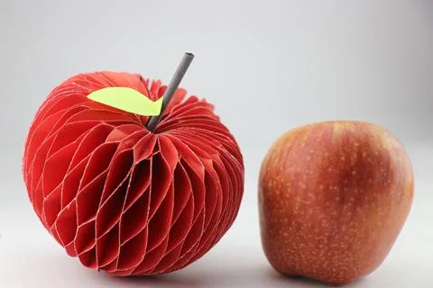 Special apple made using paper as a craft with real apple kept next to it Stock Photos