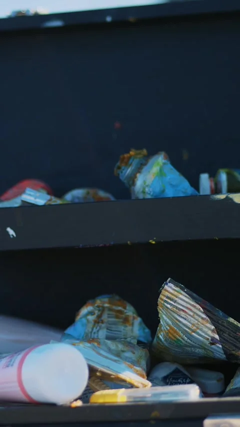 In a special bag, a suitcase, a lot of different tubes with oil and acrylic Video stock 316780794