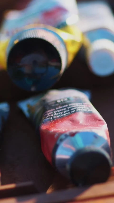 In a special bag, a suitcase, a lot of different tubes with oil and acrylic Stock Footage 317309045