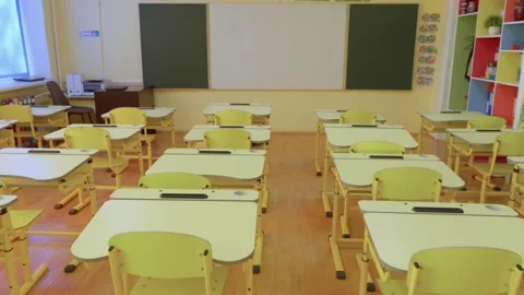 Special class for creative learners: video shows a room with empty desks, ready Stock Footage 249745979