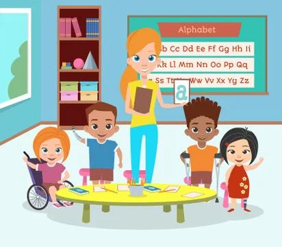 A special class of disabled children. Children with disabilities and the teac Stock Illustration